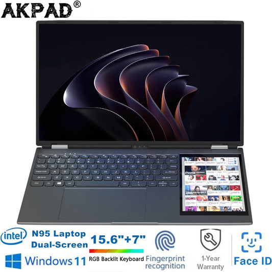 AKPAD 15.6"+7" Dual Screen Laptop Computer, Intel 12th N95 32GB/16GB DDR4 RAM, RGB Backlit Keyboard 7" Touch Screen Notebook PC