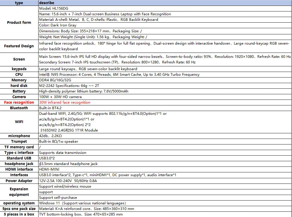 AKPAD 15.6"+7" Dual Screen Laptop Computer, Intel 12th N95 32GB/16GB DDR4 RAM, RGB Backlit Keyboard 7" Touch Screen Notebook PC