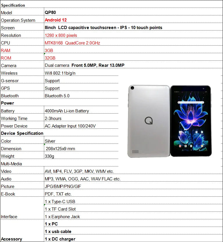 8 INCH Android 12 RAM 3GB+32GB ROM QP80 MTK8168 Tablet Quad Core IPS Screen Quad Core Rear 13.0MP WIFI Dual Camera