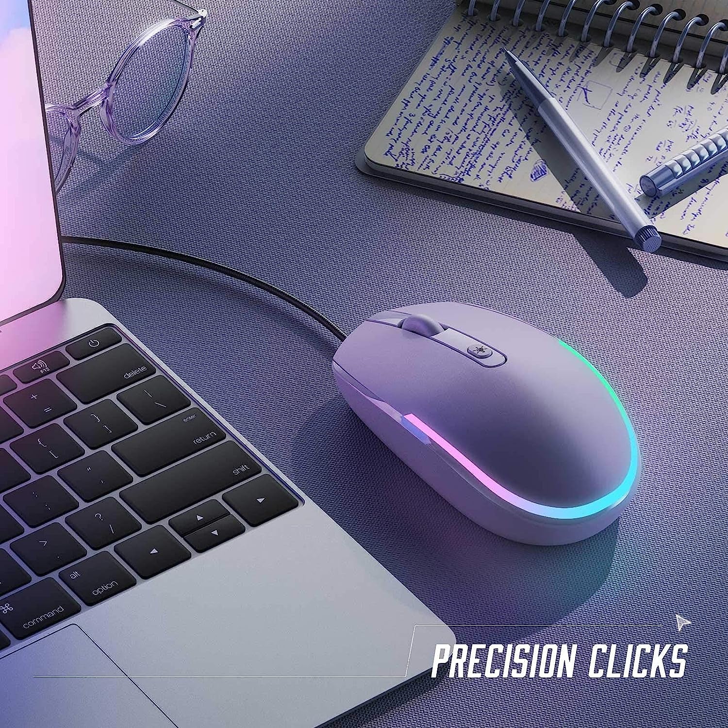 USB Wired Optical Mouse with RGB Backlighting and Attached Cord for Laptops and Chromebooks - Purple