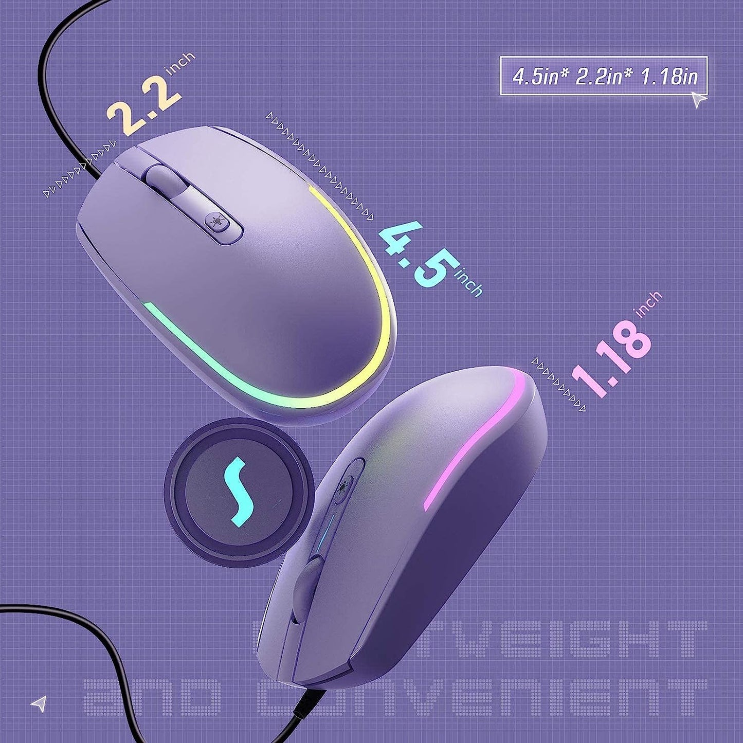 USB Wired Optical Mouse with RGB Backlighting and Attached Cord for Laptops and Chromebooks - Purple