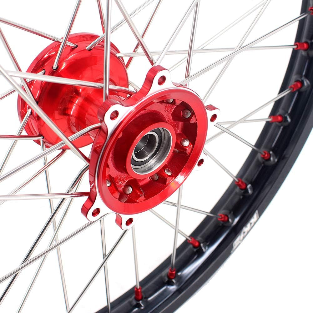 1.6 * 21"/2.15 * 19'' MX Cast Wheels Rims Set Compatible with HONDA CRF250R 2004-2013 CRF450R 2002-2012 Red Nipple