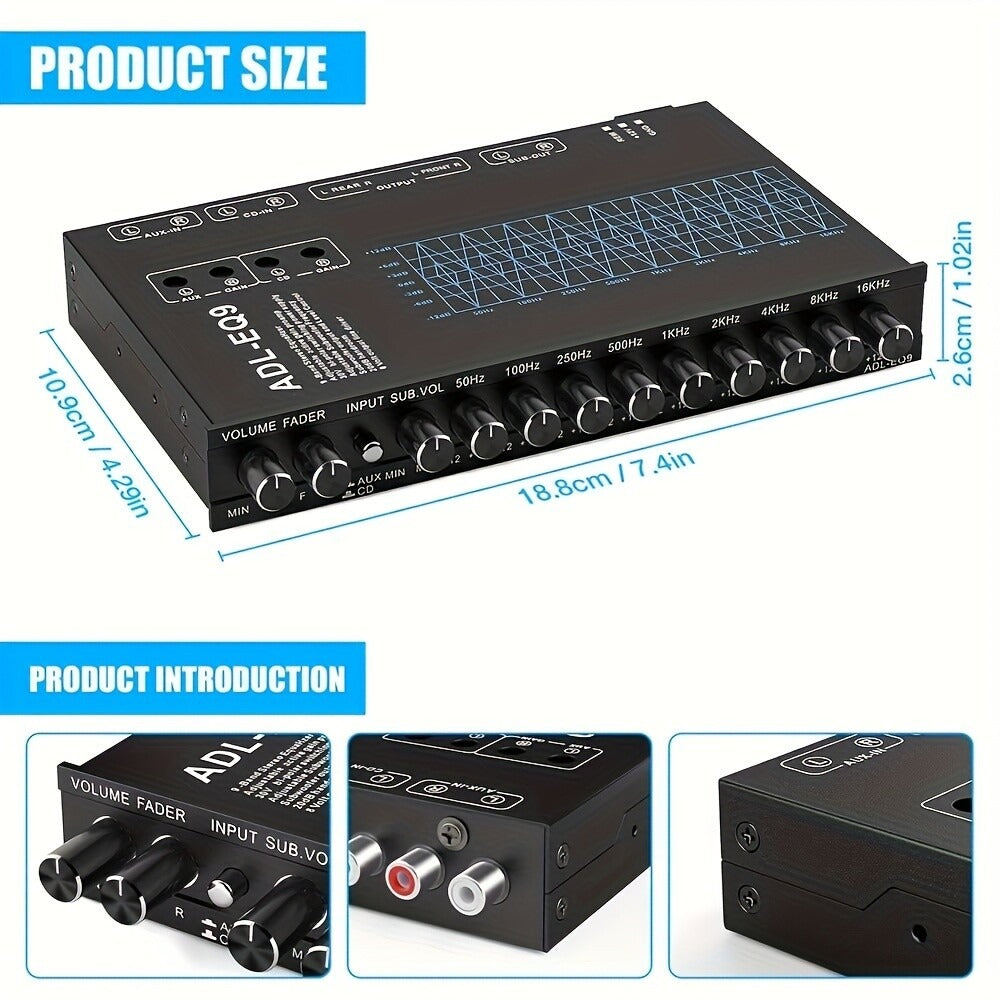 9-Band Car Audio Equalizer with Front, Rear & Auxiliary Outputs - 8V RMS Line Driver, Adjustable EQ for Cars & Yachts, No Battery Needed, Enhances Sound Experience, Durable Iron Construction, Car Audio Accessories, Vehicle Au