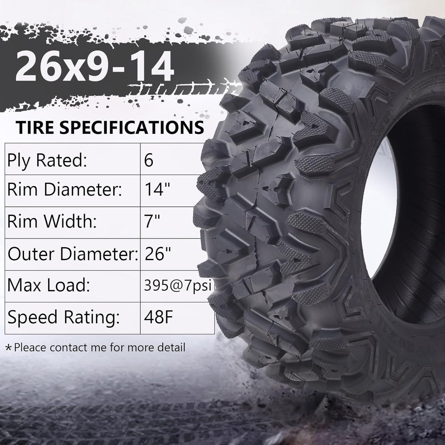 26X9-14 Atv Utv Off-Road Tires All Terrain, 6PR Front & Rear Mud Sand Snow Tubeless Tires - Pair of 2
