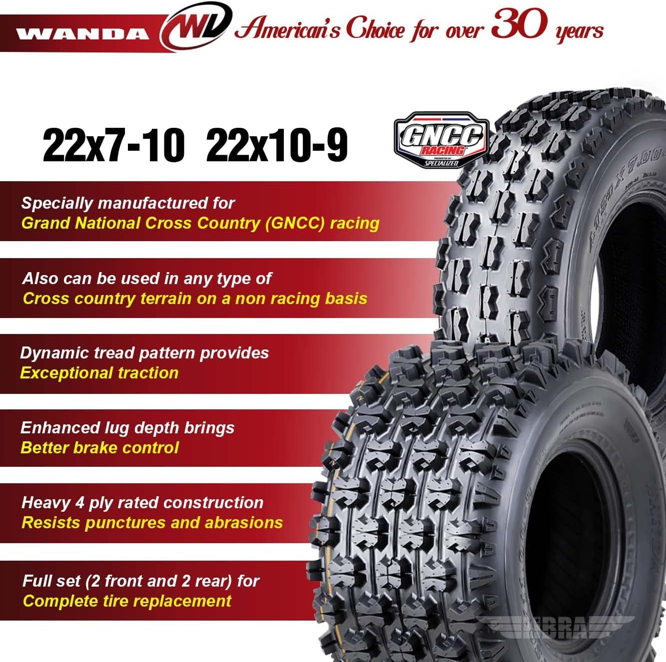 4 Sport ATV Tires 22X7-10 & 22X10-9 90-04 Yamaha Warrior 350X GNCC Race