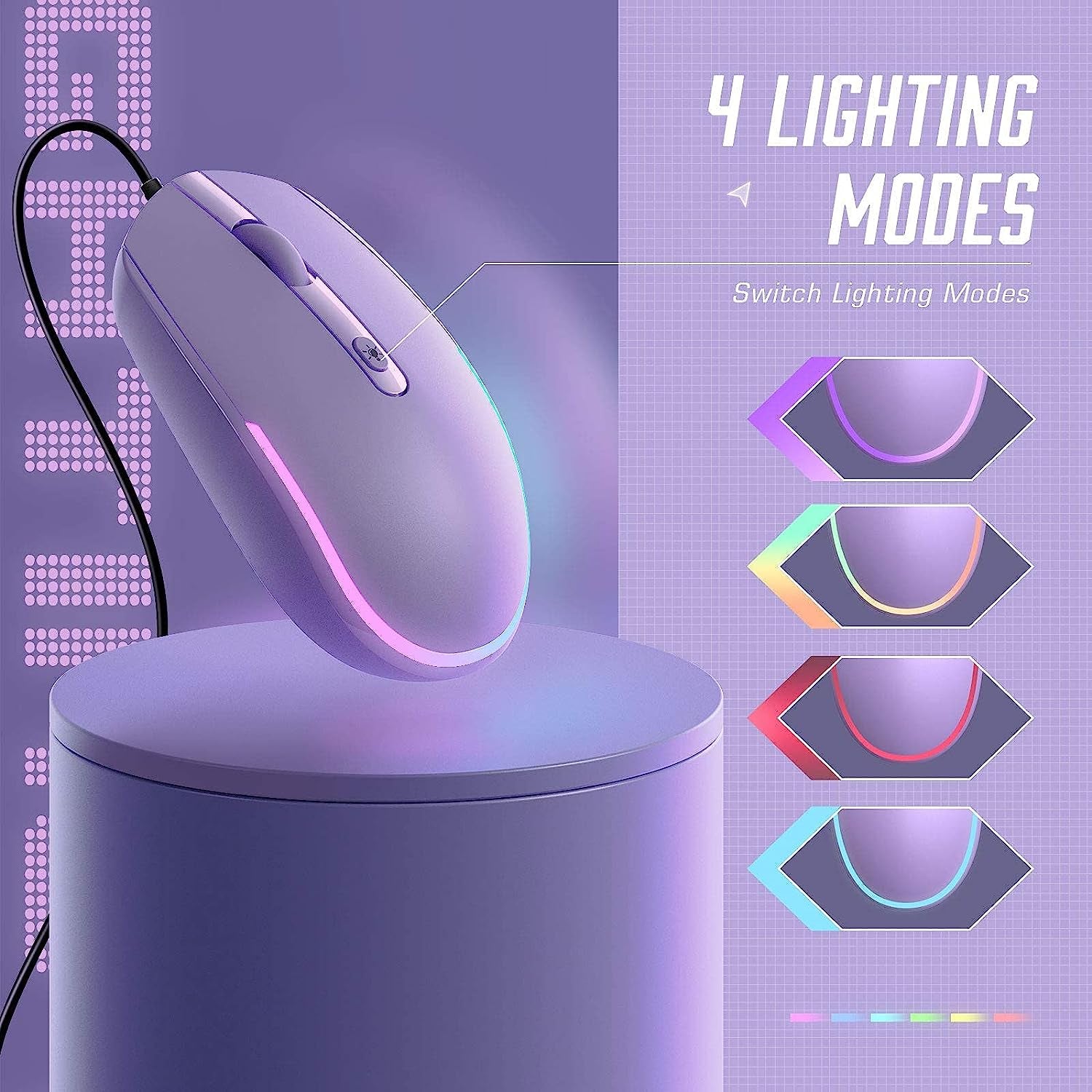 USB Wired Optical Mouse with RGB Backlighting and Attached Cord for Laptops and Chromebooks - Purple