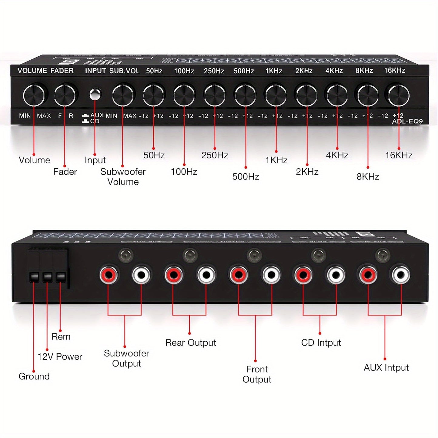9-Band Car Audio Equalizer with Front, Rear & Auxiliary Outputs - 8V RMS Line Driver, Adjustable EQ for Cars & Yachts, No Battery Needed, Enhances Sound Experience, Durable Iron Construction, Car Audio Accessories, Vehicle Au