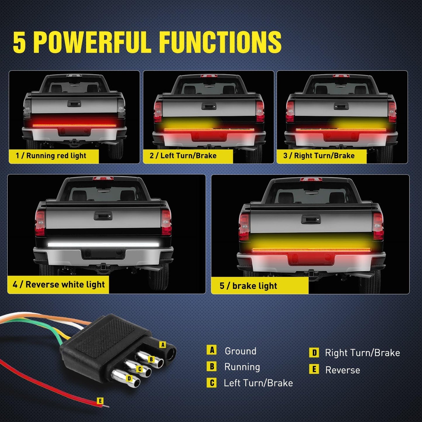 TR-03 60" Triple 504 Leds Truck Tailgate Side Bed Light Bar Strip Sequential Amber Brake Running Turn Signal Red/White Reverse