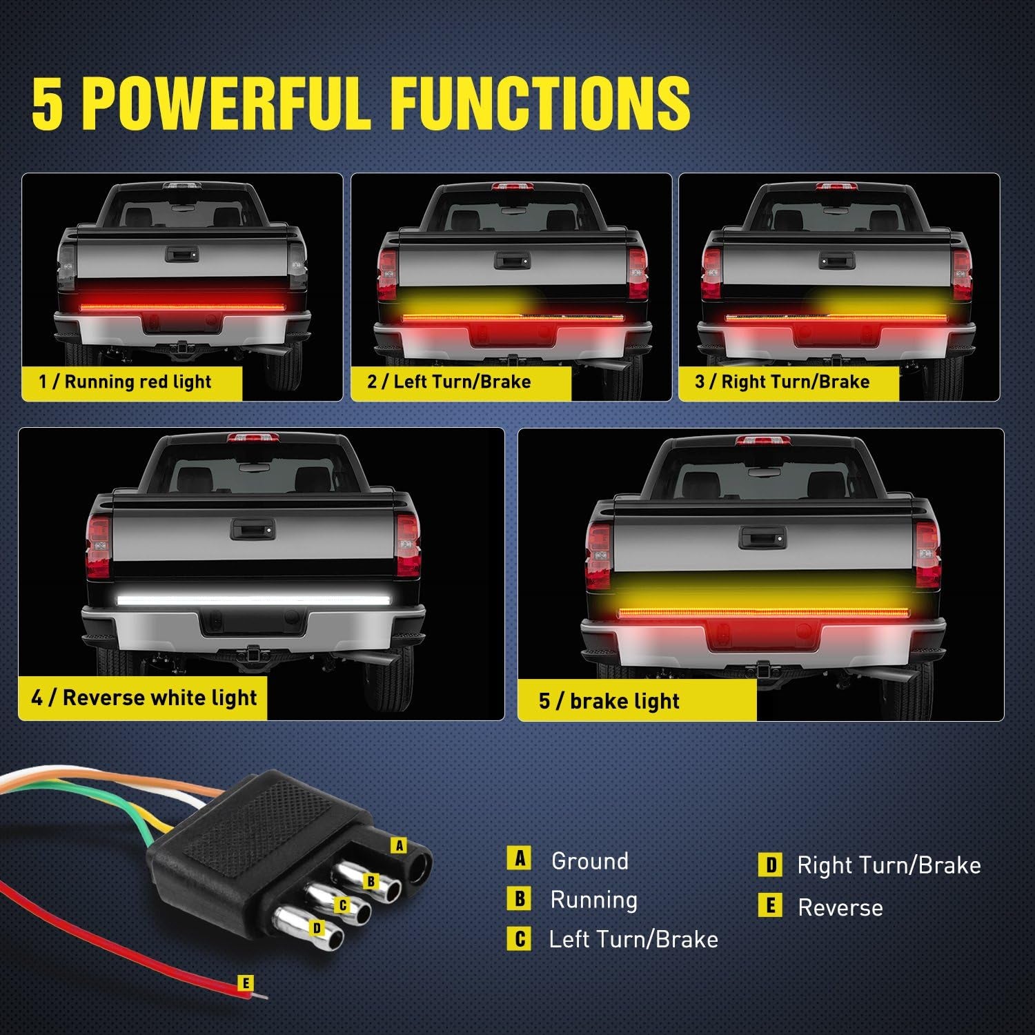 TR-03 60" Triple 504 Leds Truck Tailgate Side Bed Light Bar Strip Sequential Amber Brake Running Turn Signal Red/White Reverse