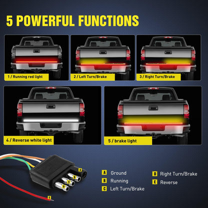 TR-03 60" Triple 504 Leds Truck Tailgate Side Bed Light Bar Strip Sequential Amber Brake Running Turn Signal Red/White Reverse