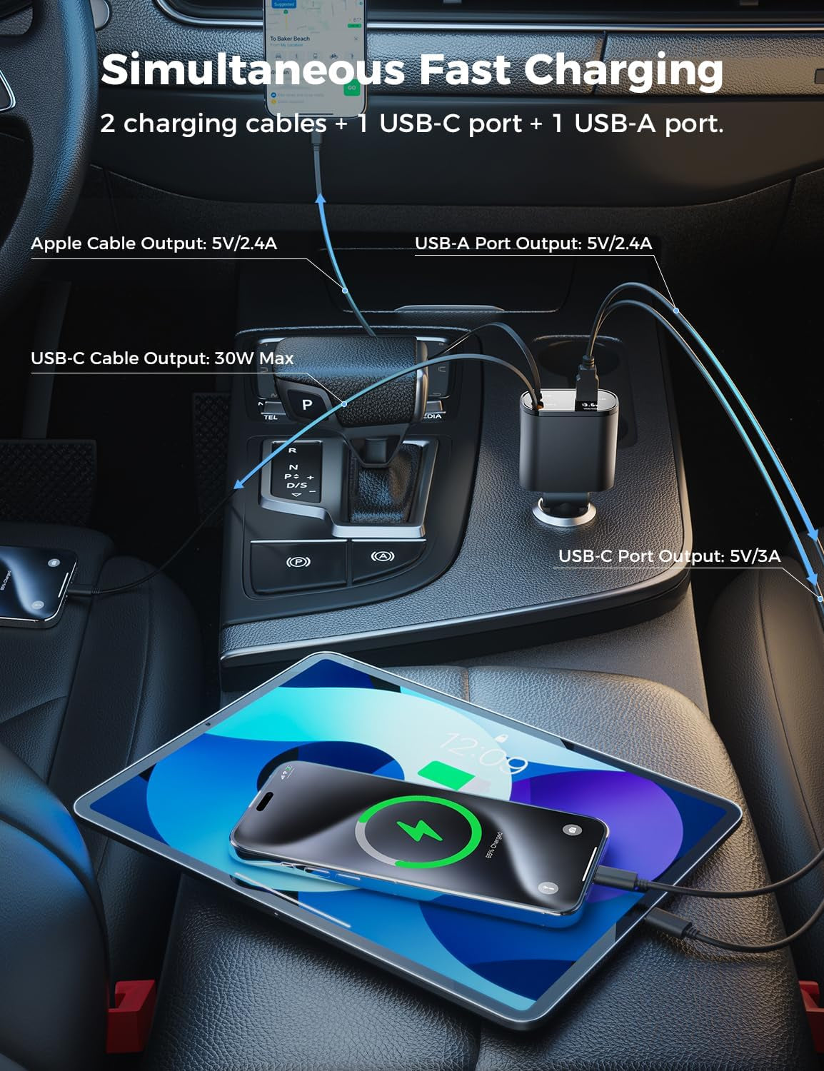 【Upgraded】  Retractable Car Charger 4 in 1, Fast Car Phone Charger with Cord 2.6Ft, USB C and Apple Car Adapter, Compatible with Iphone 17 16 15/15 Pro Max/14/13/12/11, Galaxy, Pixel