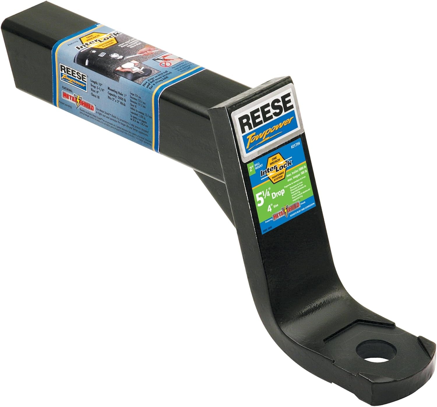 Towpower 21794 Trailer Draw Bar Hitch Ball Mount, Fits 2 Inch Square Receiver, 5.25 Inch Drop, 4 Inch Rise, 5,000 Lbs. Capacity