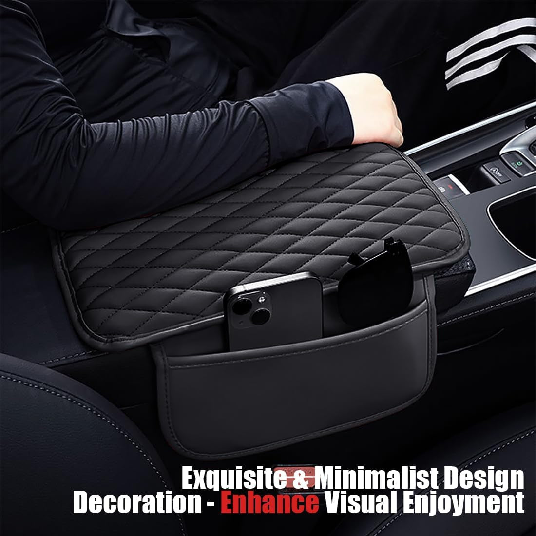 [Upgraded] Car Center Console Cover with 2 Storage Bags - Premium Nappa Leather Armrest Cover, Scratch & Wear Resistant, Waterproof Car Interior Accessories (Classic - Black)