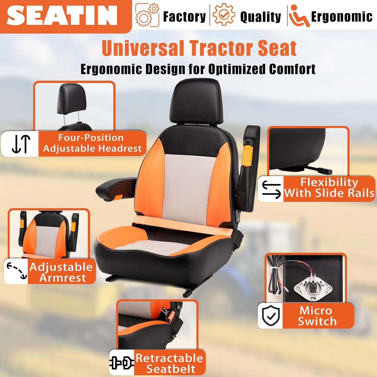 Universal Tractor Seat, Comfortable Zero Turn Mower Seat with Adjustable Safety Belt Armrest Backrest Micro Switch for Forklift Skid Steer Loader Telehandler Dozer Excavator (Black)