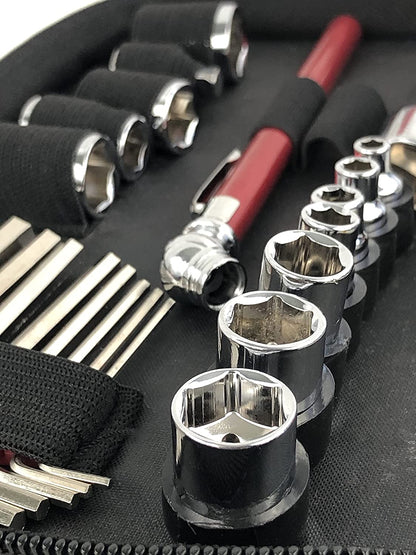 Tools 56 Piece Compact SAE Auto Tool Set in Zippered Case, Small Mechanic Tool Set for Car Emergency, Motorcycle Repair on the Road, Great for Travel Tool Needs - Red - DT9774