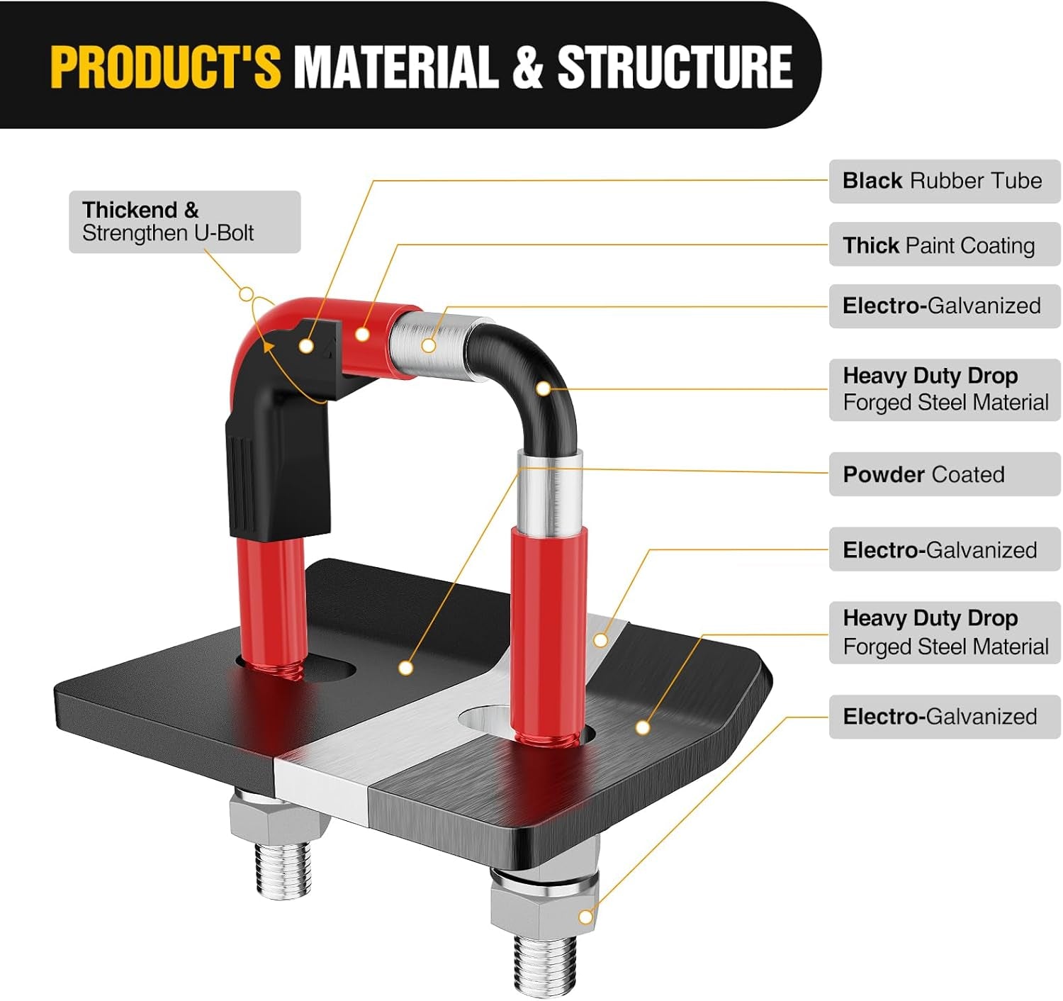 Trailer Hitch Tightener for 2 Inch Hitches Mount anti Rattle Heavy Duty Steel with Rubber Cover Red U Bolt Matte Black Plate Electrophoresis Anti-Rust Triple Protective
