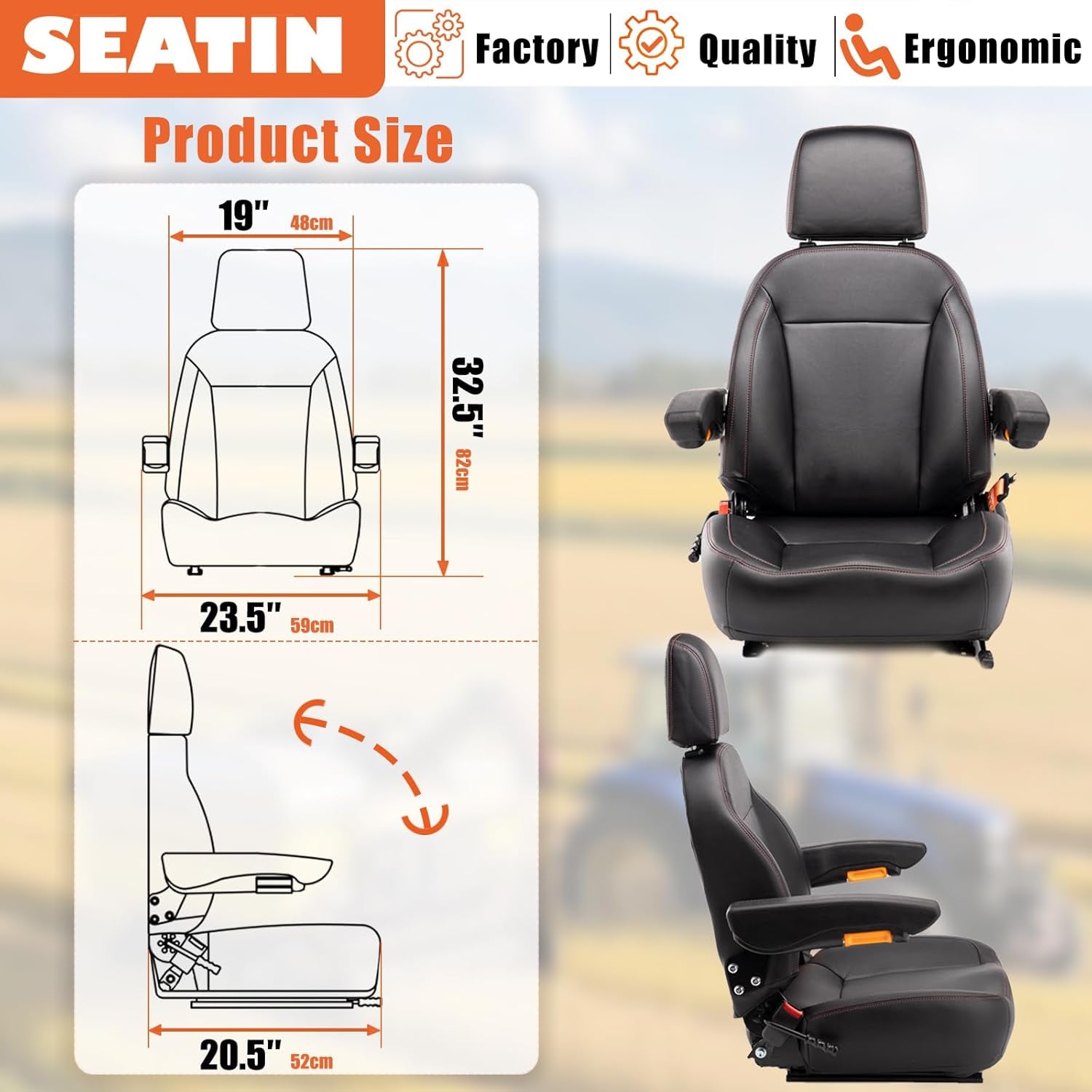 Universal Tractor Seat, Comfortable Zero Turn Mower Seat with Adjustable Safety Belt Armrest Backrest Micro Switch for Forklift Skid Steer Loader Telehandler Dozer Excavator (Black)