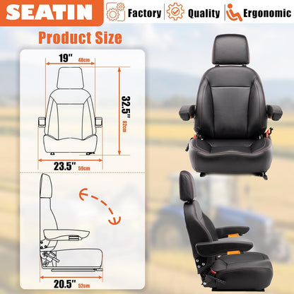 Universal Tractor Seat, Comfortable Zero Turn Mower Seat with Adjustable Safety Belt Armrest Backrest Micro Switch for Forklift Skid Steer Loader Telehandler Dozer Excavator (Black)