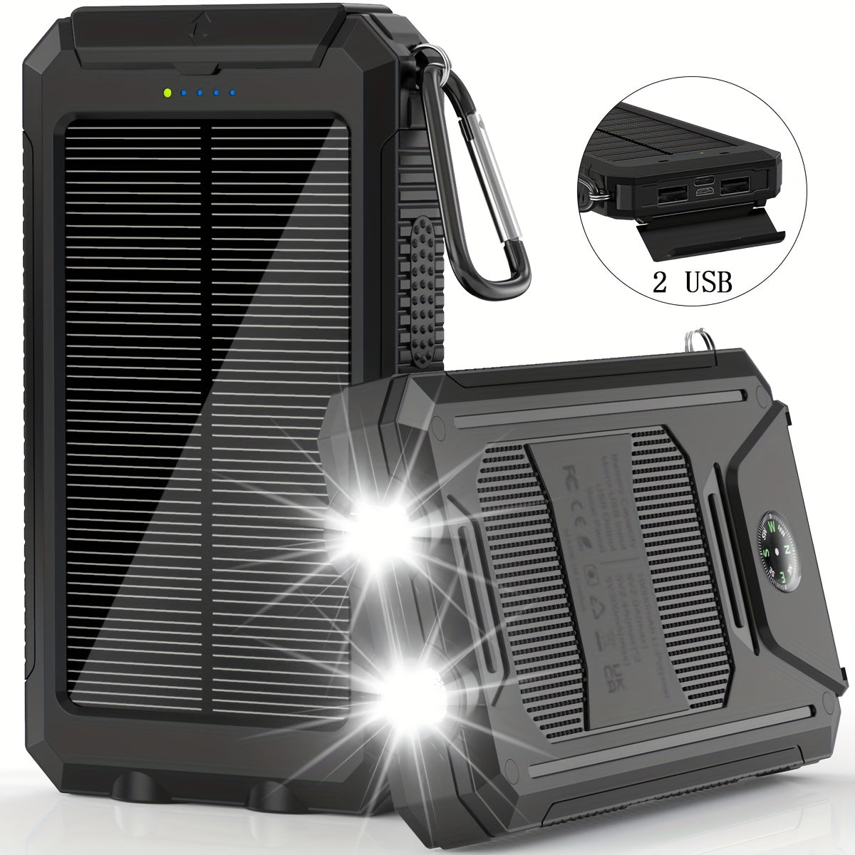 20000mAh Solar Powered Power Bank with Flashlight/USB/Type-C/Micro-Interface/G Compass, Suitable for Mobile Digital Electronics Devices, Durable and Long-lasting, Travel Camping, LED Flashlight, Climbing Buckle. Portable Sola