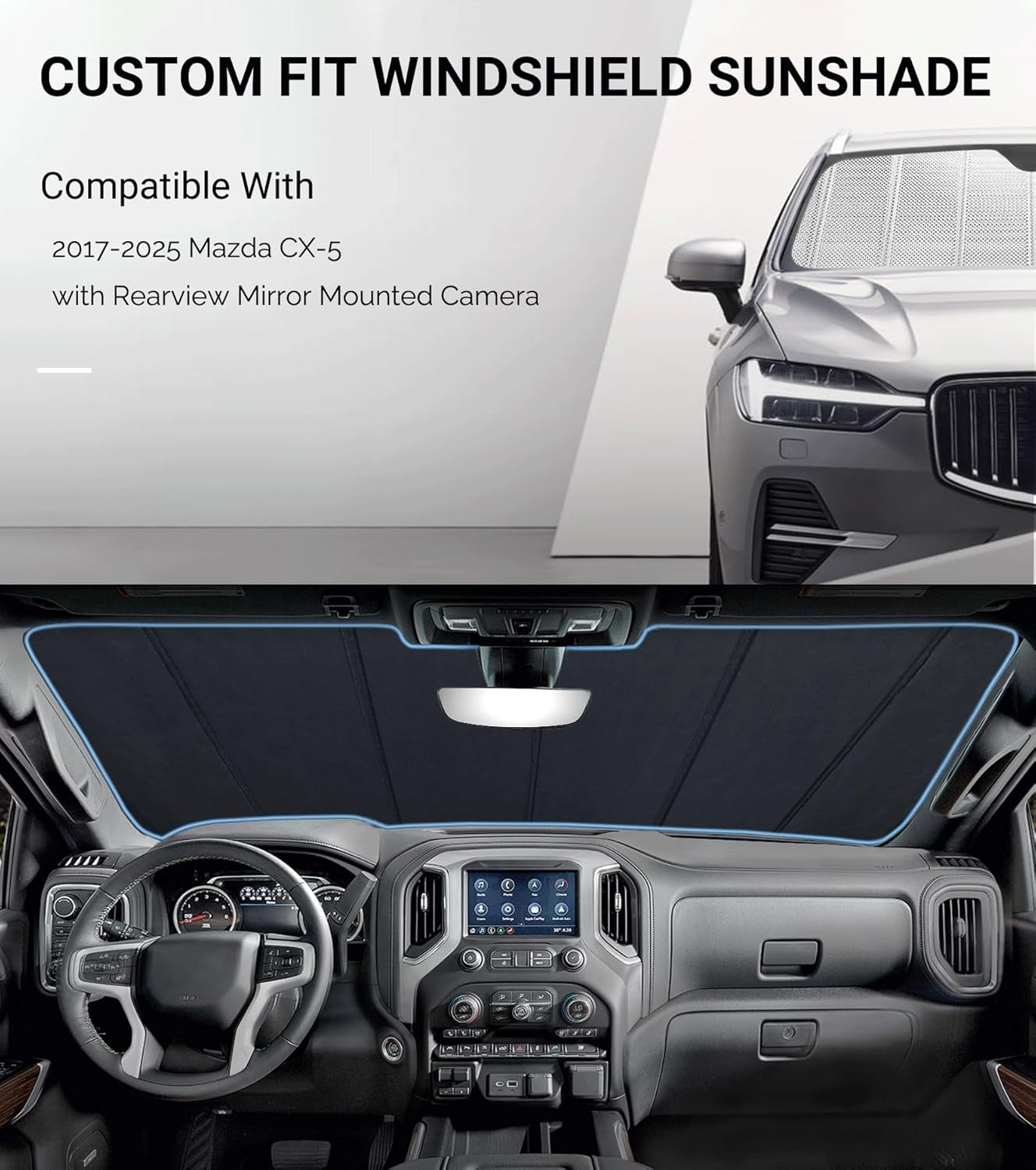 Windshield Sun Shade for Mazda CX5 2017-2025 with Rearview Mirror Mounted Camera. Reflective Aluminum Film Front Window Sunshade - BLAZBLOCK
