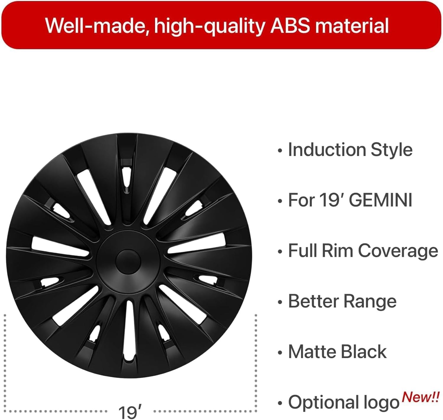 Wheel Cover Fits for Tesla Model Y 19Inch ABS Matter Black Hubcaps 4 PCS Gemini Wheel Covers Fit for Model Y 2020-2024 Replacement Induction Style Rim Protector