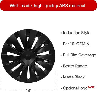 Wheel Cover Fits for Tesla Model Y 19Inch ABS Matter Black Hubcaps 4 PCS Gemini Wheel Covers Fit for Model Y 2020-2024 Replacement Induction Style Rim Protector