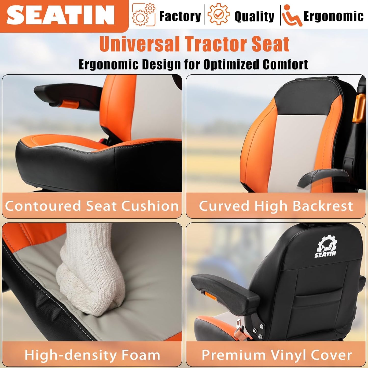 Universal Tractor Seat, Comfortable Zero Turn Mower Seat with Adjustable Safety Belt Armrest Backrest Micro Switch for Forklift Skid Steer Loader Telehandler Dozer Excavator (Black)