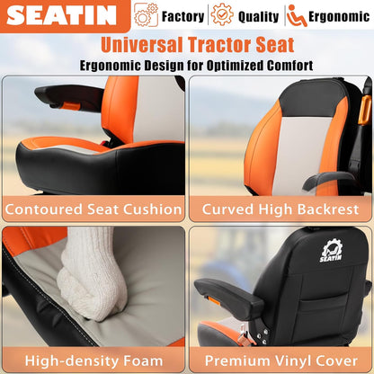 Universal Tractor Seat, Comfortable Zero Turn Mower Seat with Adjustable Safety Belt Armrest Backrest Micro Switch for Forklift Skid Steer Loader Telehandler Dozer Excavator (Black)
