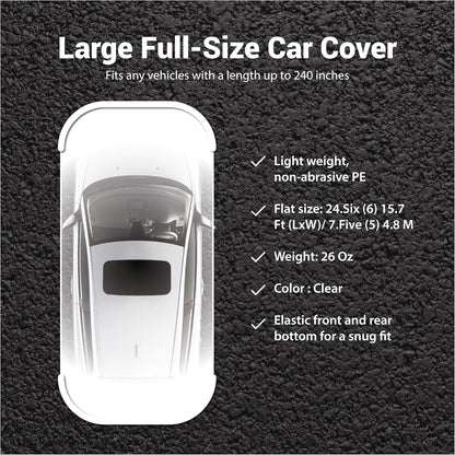 Universal Clear Disposable Car Cover for SUV, Sedan, Sport Cars, Antique Cars up to 22' X 12'