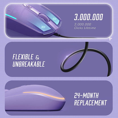 USB Wired Optical Mouse with RGB Backlighting and Attached Cord for Laptops and Chromebooks - Purple