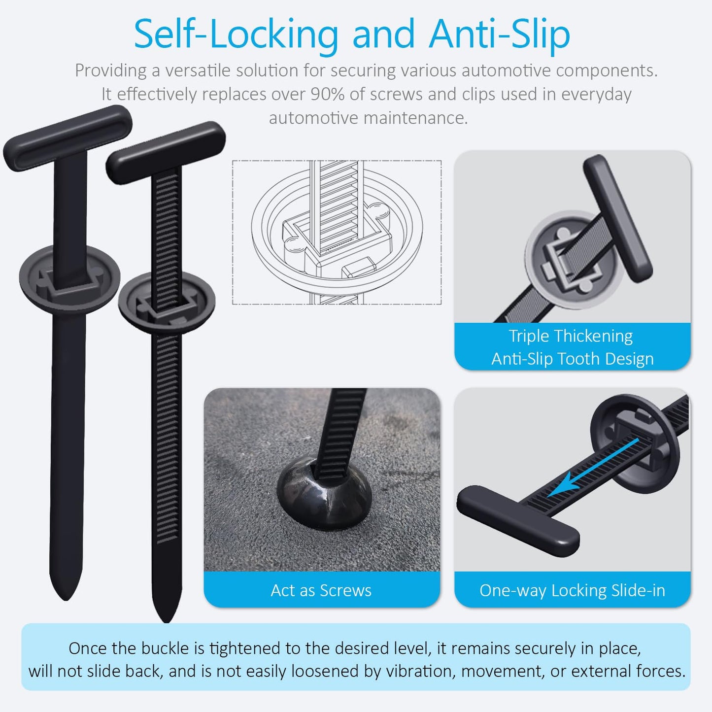 Upgrade Cable Tie Buckle Nylon Universal Heavy Duty Self Lock, Car Zipper Clip, Super Durable Button Zipper Retainer for Car Repair Office, Workshop and Shelves (30Pcs)