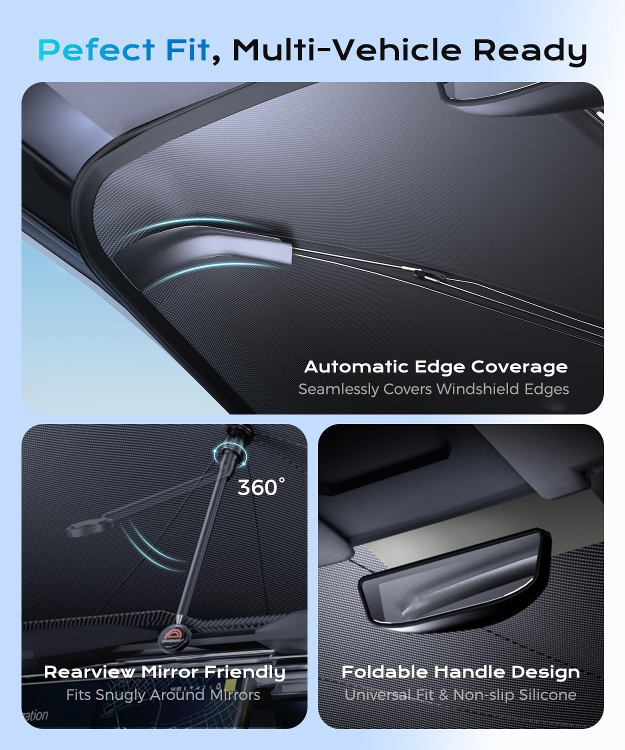 [2025 Upgrade]  Windshield Sun Shade, UPF80+ Sunshade for Car Windshield Blocks Heat & UV Rays, Thickened Vinyl Coating Keep Cool Protect Interior, M 57”X32” for Sedans/Suvs