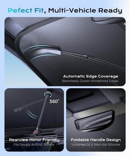 [2025 Upgrade]  Windshield Sun Shade, UPF80+ Sunshade for Car Windshield Blocks Heat & UV Rays, Thickened Vinyl Coating Keep Cool Protect Interior, M 57”X32” for Sedans/Suvs