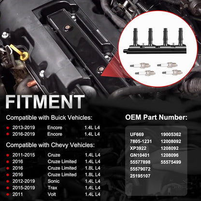 UF669 Ignition Coil Pack & 4 XP3922 Spark Plugs Compatible with 2013-2019 Buick Encore 2011-2015 Chevy Cruze 2016 Cruze Limited 2012-2019 Sonic 2015-2019 Trax 2011 Volt 1.4L 1.8L Replace# 7805-1231