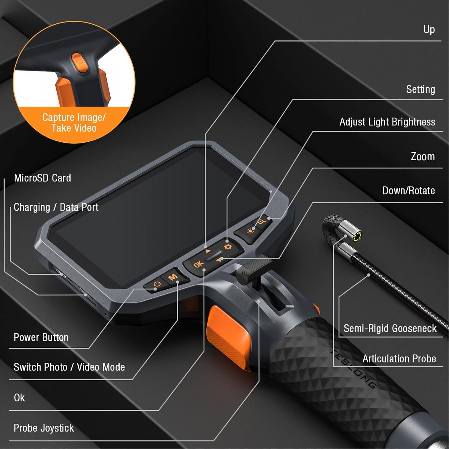 Two-Way Articulating Borescope with Light, Industrial Endoscope Inspection Camera with Articulated Probe, Flexible Mechanic Fiber Optic Snake Scope Cam for Wall Automotive Engine Inspect-5Ft