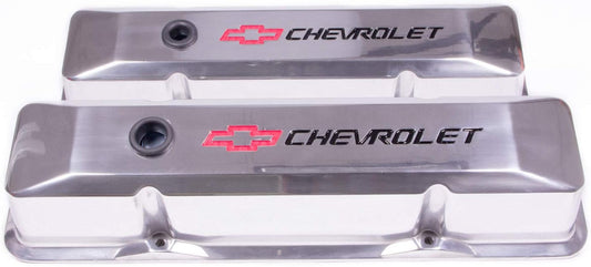 Valve Cover, Die-Cast, Tall, Baffled, Breather Hole, Recessed Chevrolet Bowtie Logo, Aluminum, Polished, Small Block Chevy, Pair (141-108)
