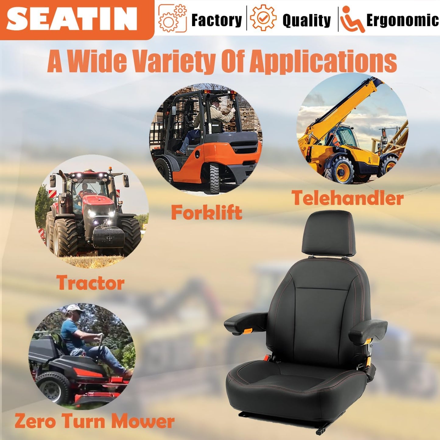 Universal Tractor Seat, Comfortable Zero Turn Mower Seat with Adjustable Safety Belt Armrest Backrest Micro Switch for Forklift Skid Steer Loader Telehandler Dozer Excavator (Black)