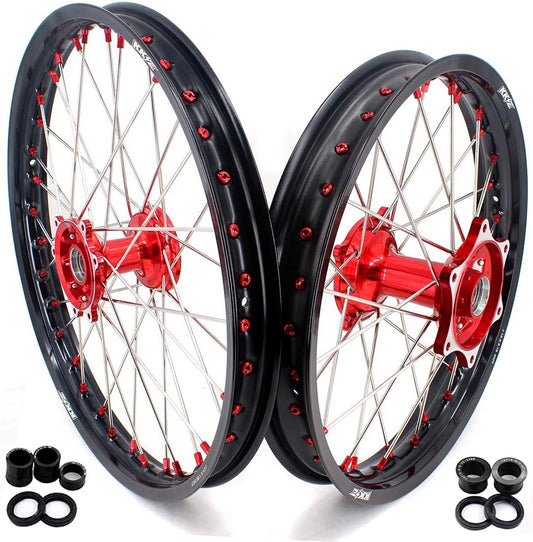 1.6 * 21"/2.15 * 19'' MX Cast Wheels Rims Set Compatible with HONDA CRF250R 2004-2013 CRF450R 2002-2012 Red Nipple