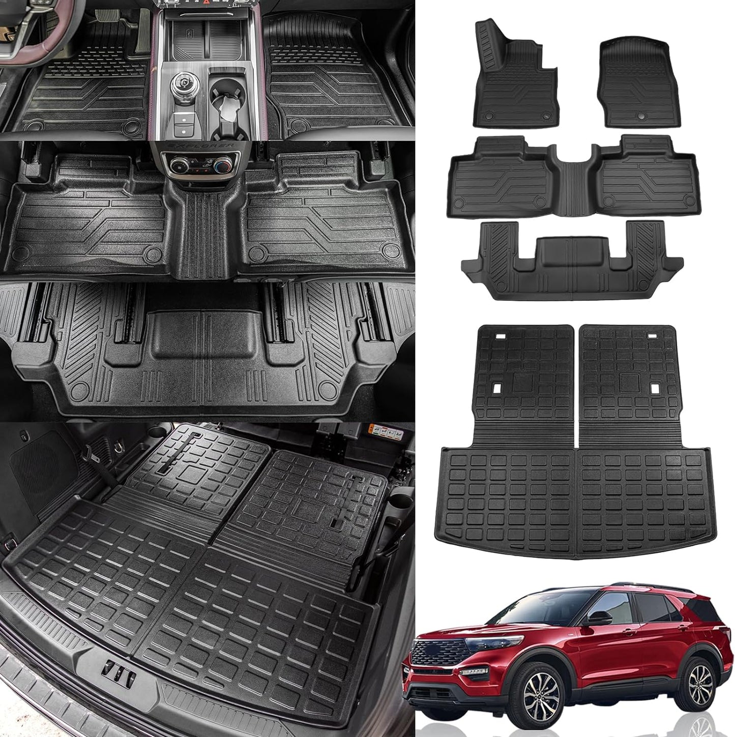 All-Weather Floor Mats and Cargo Liner Compatible with 2020-2025 Ford Explorer 6-Seater, Includes Upgraded Trunk Mat with Backrest Mat and Floor Mats, 2024 Explorer Accessories