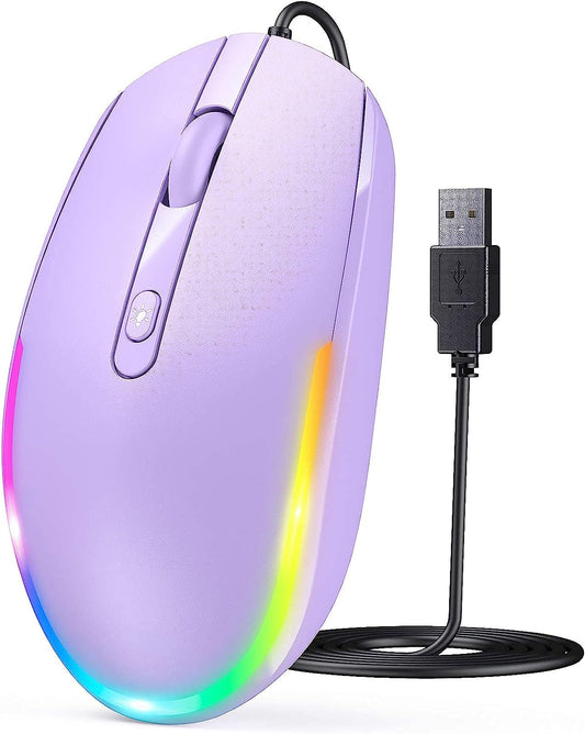 USB Wired Optical Mouse with RGB Backlighting and Attached Cord for Laptops and Chromebooks - Purple