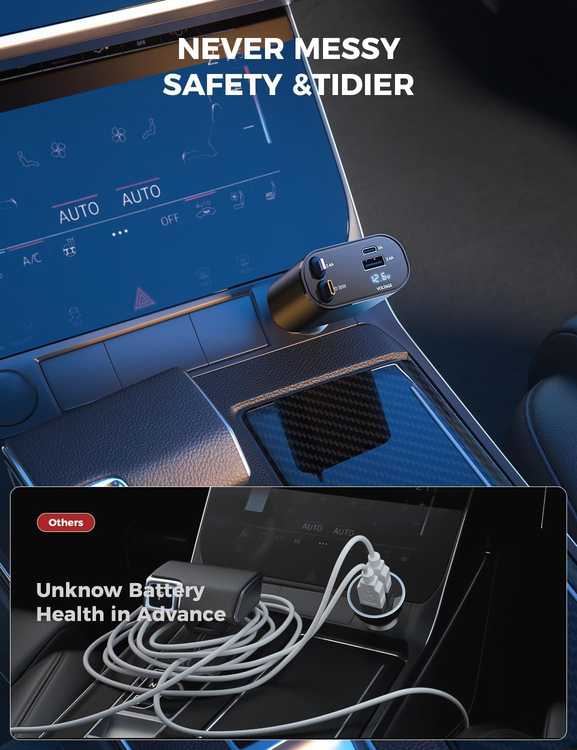 【Upgraded】  Retractable Car Charger 4 in 1, Fast Car Phone Charger with Cord 2.6Ft, USB C and Apple Car Adapter, Compatible with Iphone 17 16 15/15 Pro Max/14/13/12/11, Galaxy, Pixel