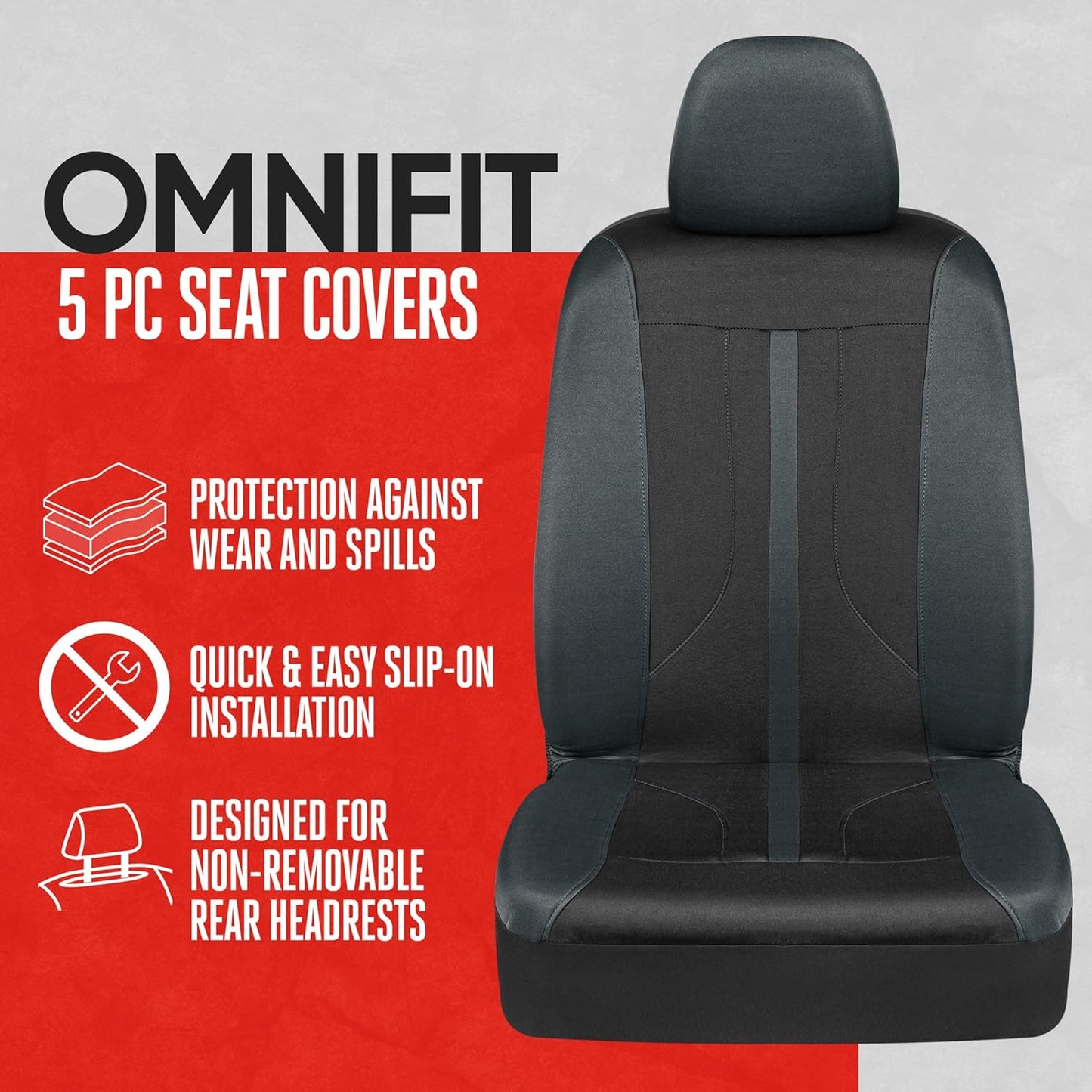 Omnifit Seat Covers for Cars, Two-Tone Gray Car Full Set with Hooded Split Bench Cover, Interior Accessories, Automotive