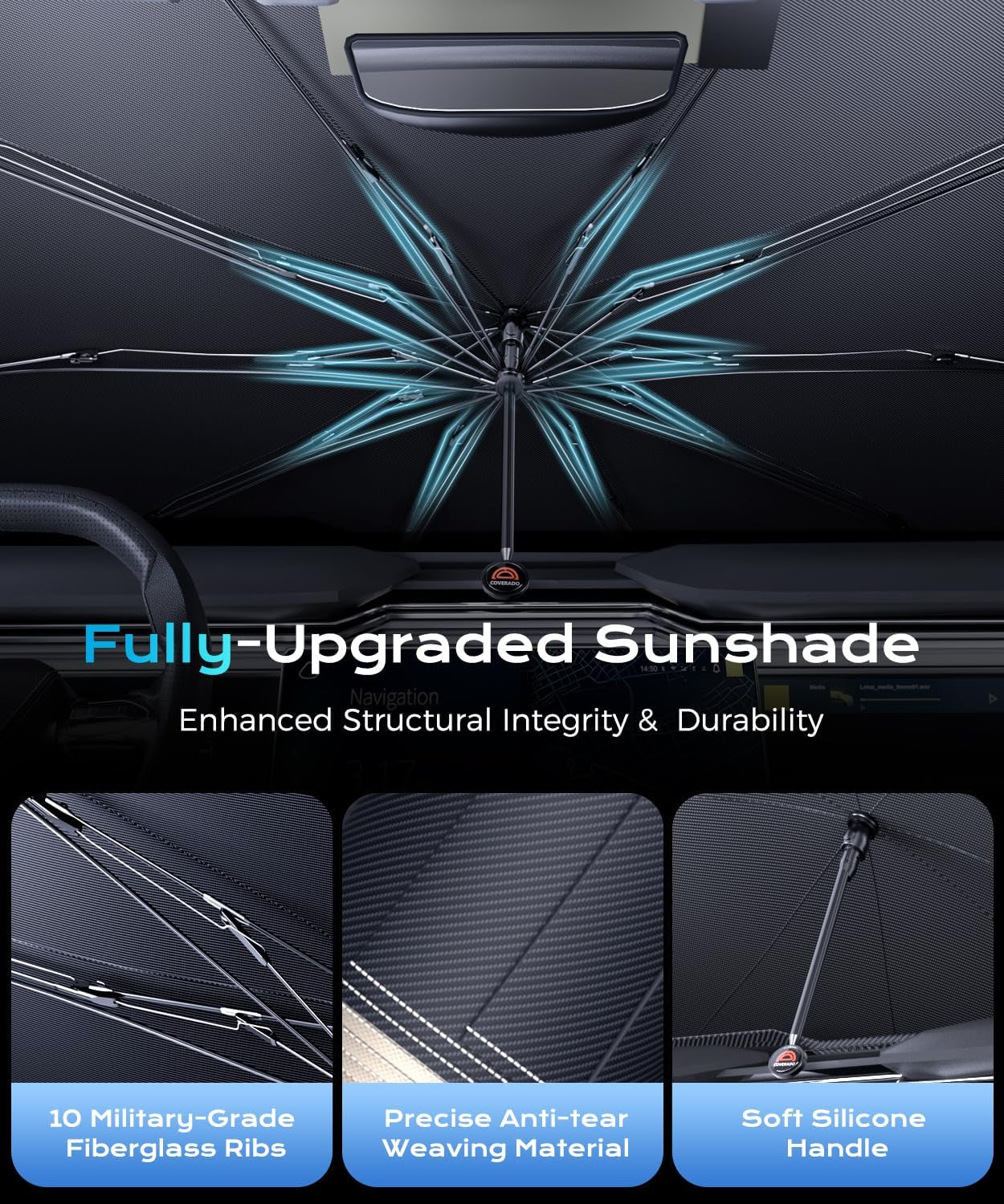 [2025 Upgrade]  Windshield Sun Shade, UPF80+ Sunshade for Car Windshield Blocks Heat & UV Rays, Thickened Vinyl Coating Keep Cool Protect Interior, M 57”X32” for Sedans/Suvs