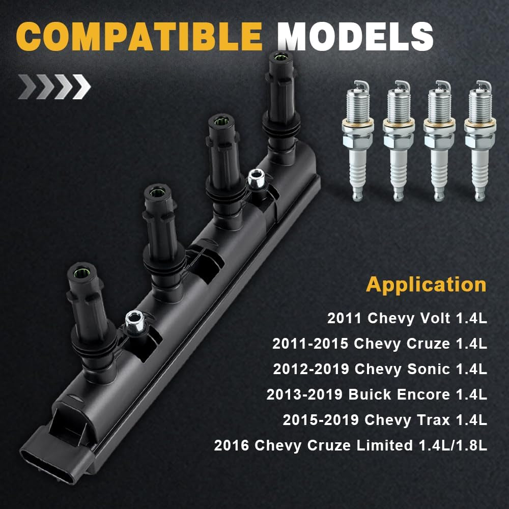 UF669 Ignition Coil Pack with Iridium Spark Plugs XP3922, Compatible with Buick Encore, Chevrolet Cruze, Sonic, Trax, Volt 1.4L 1.8L L4, High Performance Direct Fit Replacement
