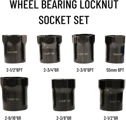 Wheel Bearing Locknut Socket Set 7 Piece Wheel Bearing Lock Nuts Removal and Installation Tool Kit 1/2 Inch Drive SAE and Metric 6-Point Axle Nut Socket Compatible with Dodge, Ford and Toyota