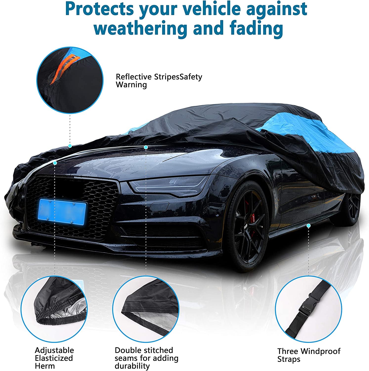 Waterproof Car Cover All Weather Snowproof UV Protection Windproof Outdoor Full Car Cover, Universal Fit for Sedan (Fit Sedan Length 194-206 Inch, Blue)