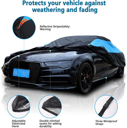 Waterproof Car Cover All Weather Snowproof UV Protection Windproof Outdoor Full Car Cover, Universal Fit for Sedan (Fit Sedan Length 194-206 Inch, Blue)