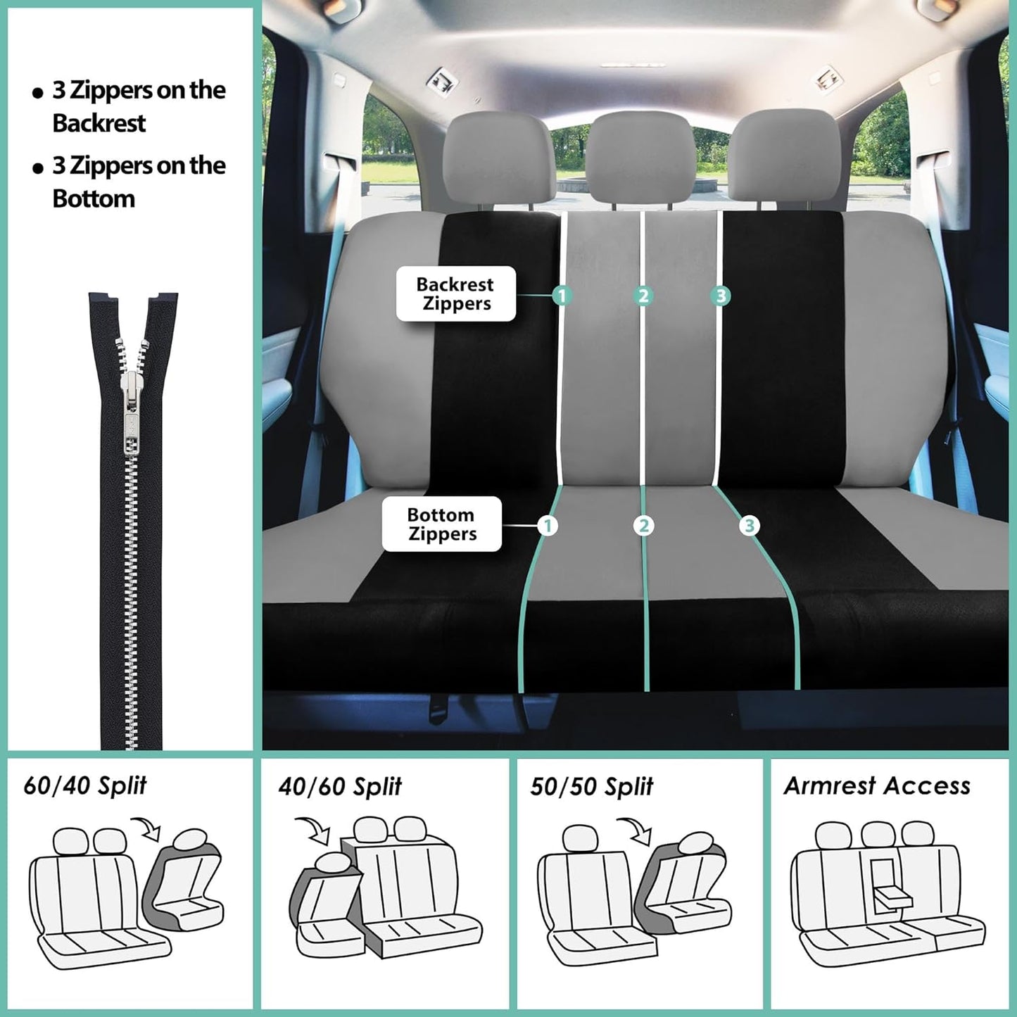 Universal Fit Gray Black Automotive Seat Covers Combo Set with Steering Wheel Cover and Seat Belt Pad Fits Most Cars, Suvs, and Trucks (Airbag Compatible and Split Bench)