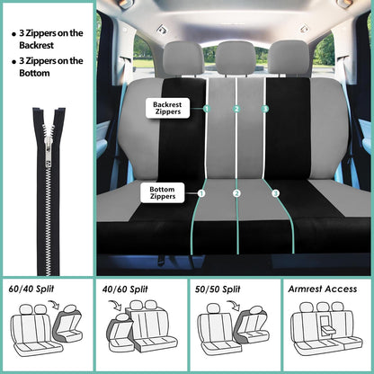 Universal Fit Gray Black Automotive Seat Covers Combo Set with Steering Wheel Cover and Seat Belt Pad Fits Most Cars, Suvs, and Trucks (Airbag Compatible and Split Bench)