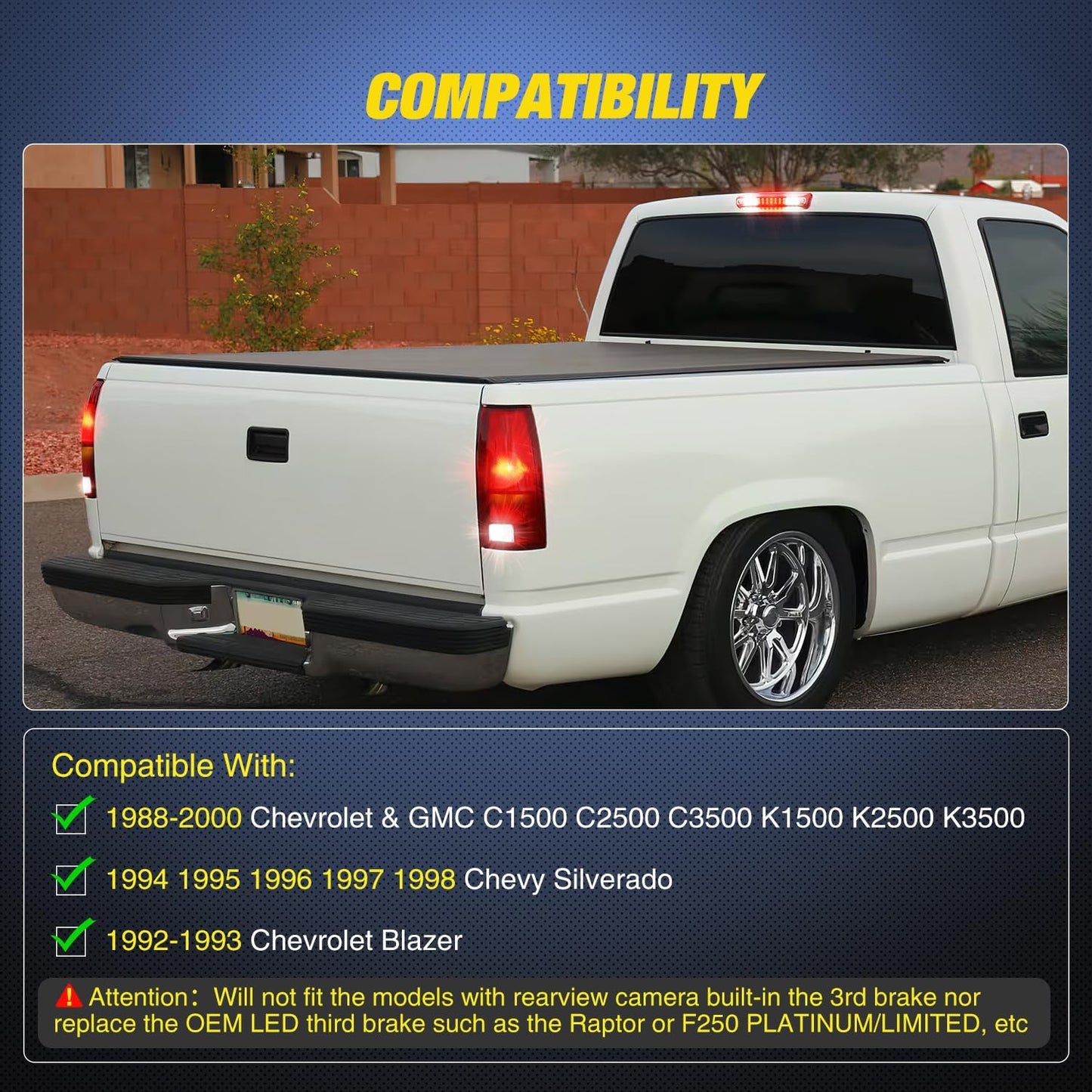 Third Brake Light Tail High Mount 3Rd Stop Cargo Reverse Lights Red Lens Compatible with Chevy GMC C/K Series 1500 2500 3500 1988-2000 Chevrolet Blazer 1992 1993 Chevy Silverado 1994-1998